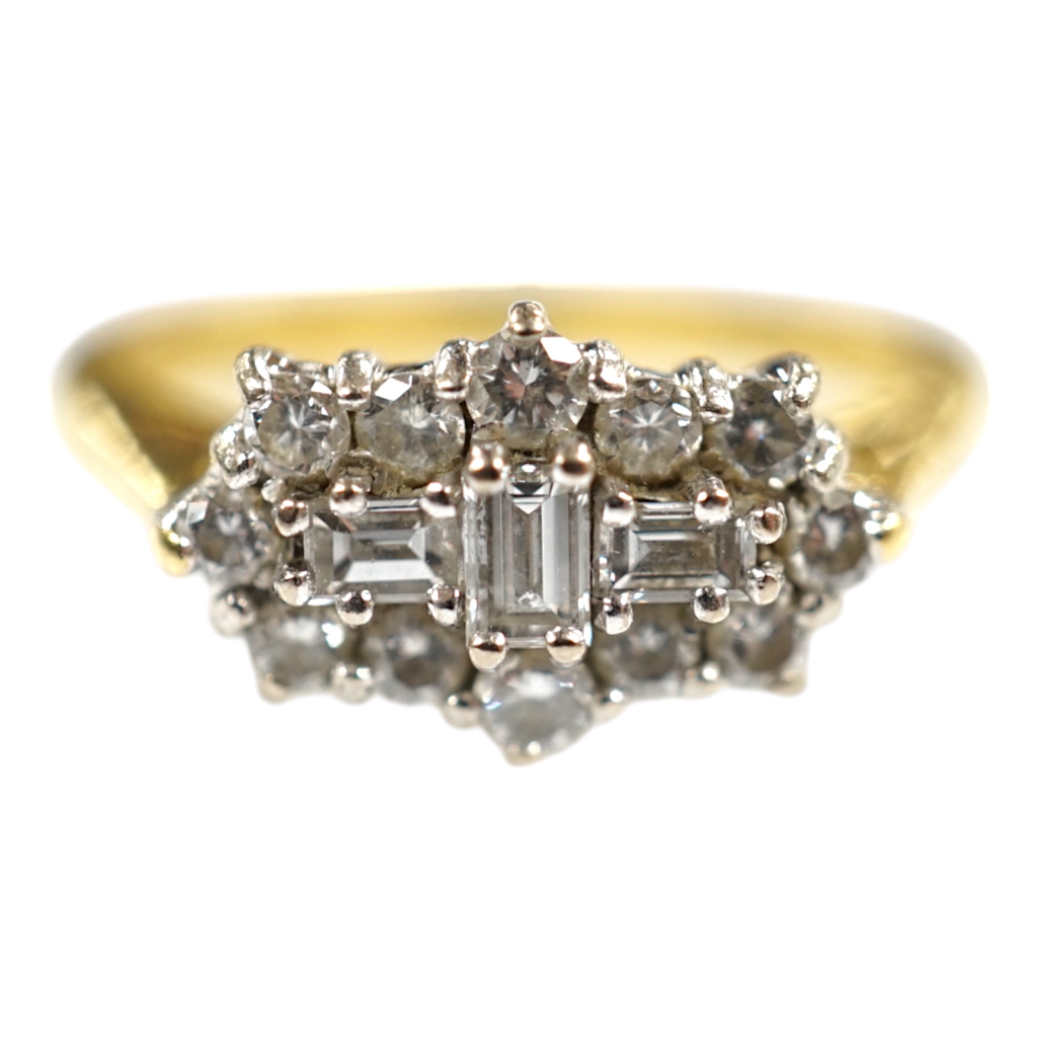 A modern 18ct gold and diamond cluster ring, size K, gross weight 4.4 grams. Condition - fair to good